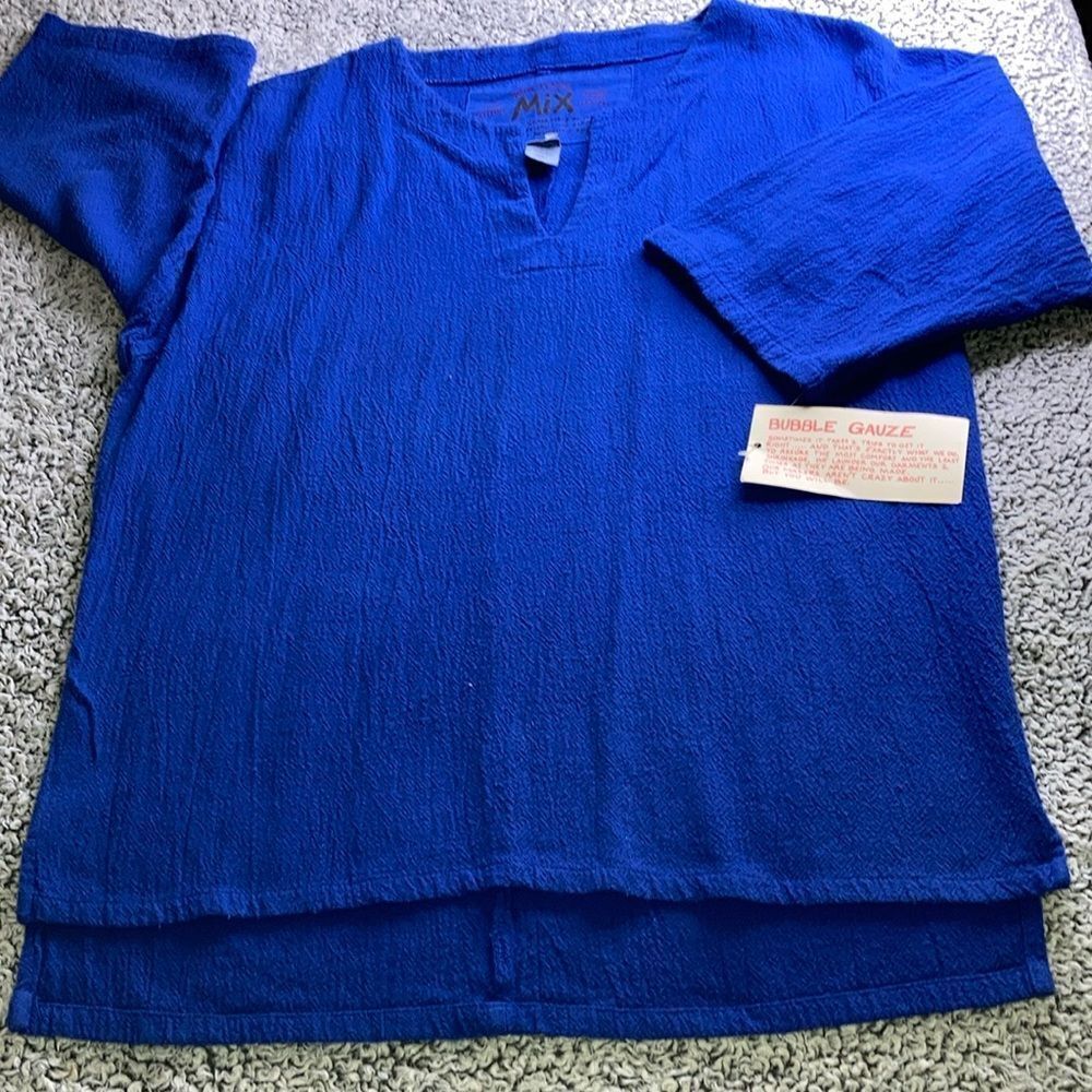 NWT MIX S Oversized Gauzy Lagenlook Electric Blue Tunic 3/4 Sleeve Top
